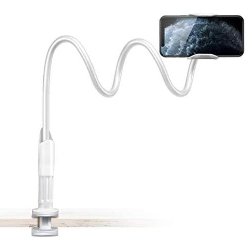 Saiji Gooseneck Cell Phone Holder, Clamp Universal Lazy Mount Clip Hands Free Flexible Long Arm Bracket Grip for 4.0-6.3 Phones Mobile Stand Baby Monitor for Desk, Bed, Office, Kitchen (White)