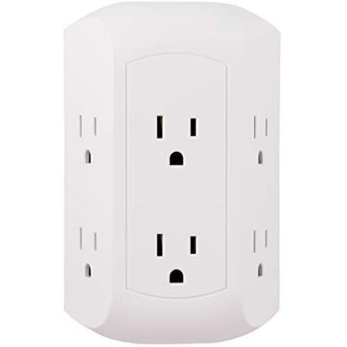 GE Pro 6 Outlet Surge Protector Adapter Spaced Tap, 3-Prong Power Strip, Charging Station, Side Access, White, 43648