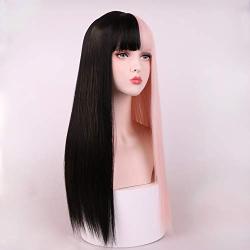 SinRain Half Black Half Pink Long Straight Fashion Halloween Party Wig For Women Girls (Black/Pink -Long)