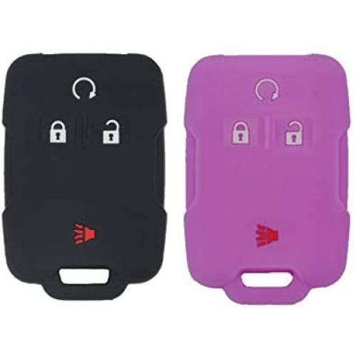 LemSa 2Pcs Rubber Silicone Remote Smart Key Fob Case Cover Protector Holder Shell for Chevrolet Silverado Colorado 2017 2018 M3N32337100 13577770 13577771 GMC Sierra Yukon Cadillac, Black Purple