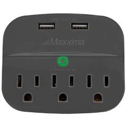 Maxxima 3 Outlet Dual USB Grounded Adaptor Plug 2.4A Port 490 Joules Surge Protector, Gray