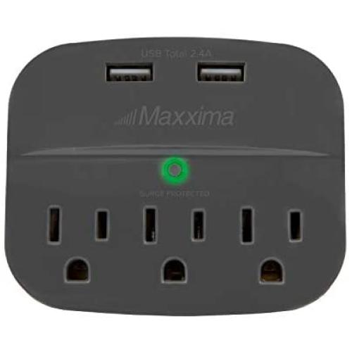 Maxxima 3 Outlet Dual USB Grounded Adaptor Plug 2.4A Port 490 Joules Surge Protector, Gray