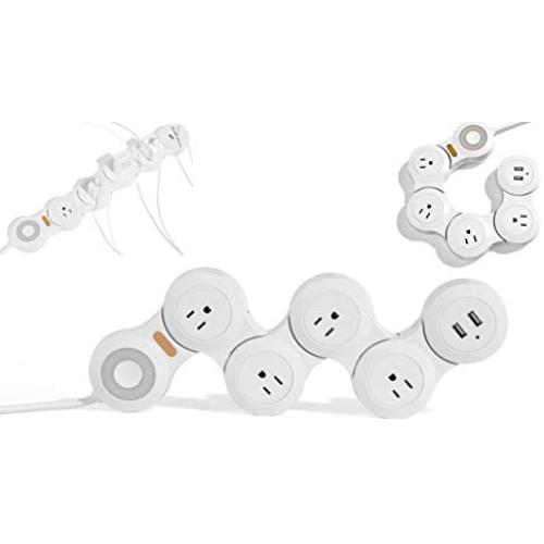 Flexible Power Strip Surge Protector 6Ft 4 Outlet 2USB Suitable for Home and Office. (White)