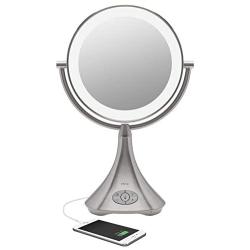 iHome All-in-One, 7X Magnify, 9'' 2-Sided LED Bluetooth Audio, Phone Charging Makeup Mirror, Bright LED Light Up Mirror, Natural Light, Double-Sided Vanity Mirror, Hands-Free Speakerphone