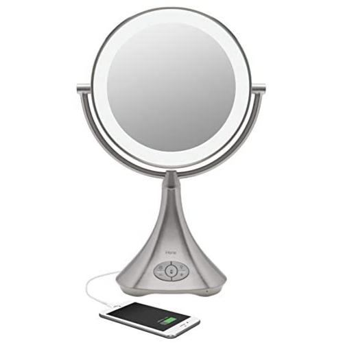 iHome All-in-One, 7X Magnify, 9'' 2-Sided LED Bluetooth Audio, Phone Charging Makeup Mirror, Bright LED Light Up Mirror, Natural Light, Double-Sided Vanity Mirror, Hands-Free Speakerphone