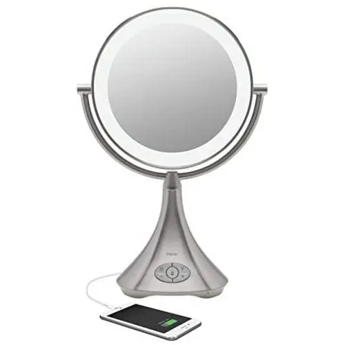 iHome All-in-One, 7X Magnify, 9'' 2-Sided LED Bluetooth Audio, Phone Charging Makeup Mirror, Bright LED Light Up Mirror, Natural Light, Double-Sided Vanity Mirror, Hands-Free Speakerphone