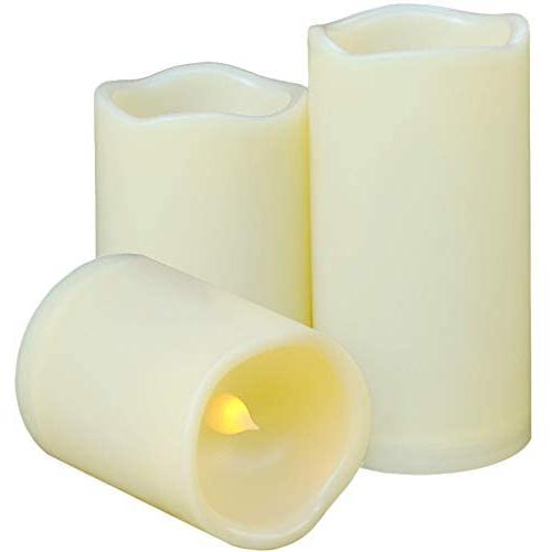 Weatherproof Flameless Candles with 6 H Timer-1000 Hours Long Battery Life, Waterproof Battery Operated Flickering LED Pillar Candles for Outdoor Party Decor and Gifts.（ 4'' 5'' 6'' Ivory)