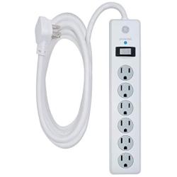 GE 6 Outlet Surge Protector, 10 Ft Extension Cord, Power Strip, 800 Joules, Flat Plug, Twist-to-Close Safety Covers, White, 14092