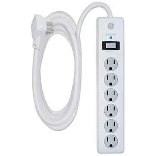 GE 6 Outlet Surge Protector, 10 Ft Extension Cord, Power Strip, 800 Joules, Flat Plug, Twist-to-Close Safety Covers, White, 14092