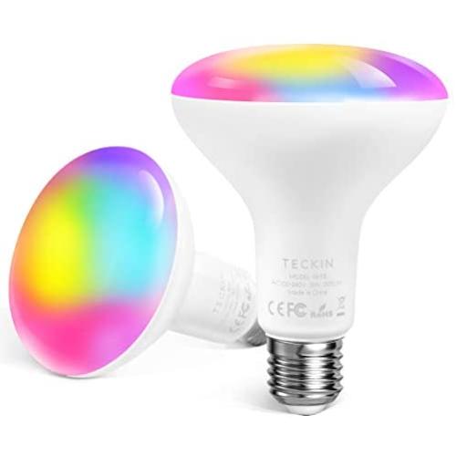 Smart Light Bulb,13W E27 RGB Color Changing LED WiFi Light Bulb Equivalent 100W,1300LM BR30 Compatible with Alexa and Google Home 2900K-6000K,No Hub Required,TECKIN 2 Pcs(Not Support 5G WiFi)