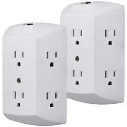 GE 6-Outlet Wall Tap, 2 Pack, Reset Button, Circuit Breaker, Power Extender, Adapter Spaced, 3 Prong Plug, Grounded, UL Listed, White, 46854