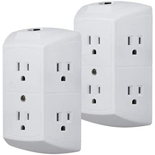 GE 6-Outlet Wall Tap, 2 Pack, Reset Button, Circuit Breaker, Power Extender, Adapter Spaced, 3 Prong Plug, Grounded, UL Listed, White, 46854