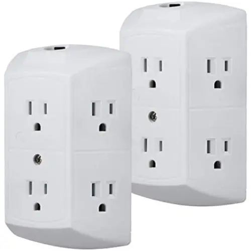 GE 6-Outlet Wall Tap, 2 Pack, Reset Button, Circuit Breaker, Power Extender, Adapter Spaced, 3 Prong Plug, Grounded, UL Listed, White, 46854