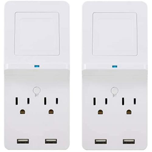 GE Surge Protector Tap with Wireless Charging, 2 Outlets, 2 USB, Qi Pad, 2 Pack, Charging Shelf, 560 Joules, White, 50374