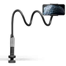 Gooseneck Bed Phone Holder, SAIJI Flexible Long Arm Phone Mount for Desk, Clip Bracket Clamp Stand for 4.0-6.5 Mobile Cell Phone Stand Document Camera Nintendo Switch (Black)