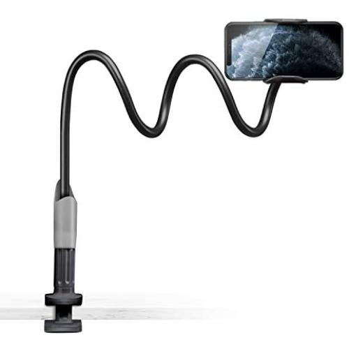 Gooseneck Bed Phone Holder, SAIJI Flexible Long Arm Phone Mount for Desk, Clip Bracket Clamp Stand for 4.0-6.5 Mobile Cell Phone Stand Document Camera Nintendo Switch (Black)