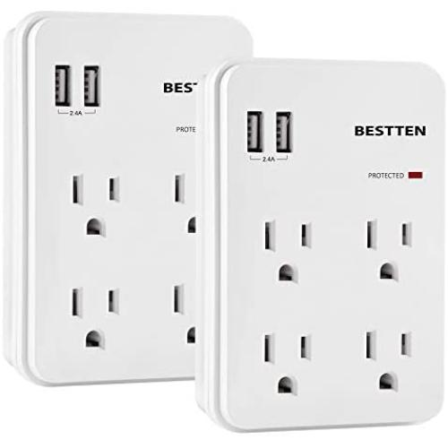 [2 Pack] BESTTEN 2.4A Dual USB Wall Outlet Surge Protector, 5V/2.4A USB Charger, 15A/125V/1875W, ETL Certified