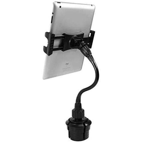 Macally 2 in 1 Phone & Tablet Car Mount for Cup Holder - Flexible 12” Gooseneck and 360° Rotating Base - Phone, Tablet, & iPad Holder for Car - Fits Devices up to 8” Wide