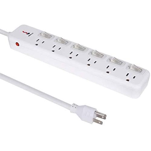 Surge Protector Power Strip 6 ft Extension Cord 14AWG Straight Wire Plug, Independent switches, 125V/15A, Hanging Hole, SGS Certification,White