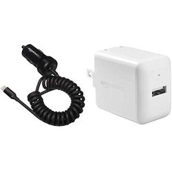 AmazonBasics Coiled Cable Lightning Car Charger, 1.5 Foot, Black Bundle with AmazonBasics One-Port USB Wall Charger for Phone, iPad, and Tablet, 2.4 Amp, White
