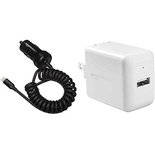 AmazonBasics Coiled Cable Lightning Car Charger, 1.5 Foot, Black Bundle with AmazonBasics One-Port USB Wall Charger for Phone, iPad, and Tablet, 2.4 Amp, White