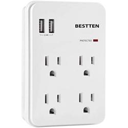 BESTTEN Wall Outlet Surge Protector with 2 USB Charging Ports (5V/2.4A) and 4 AC Outlets, 15A/125V/1875W, ETL Certified, White