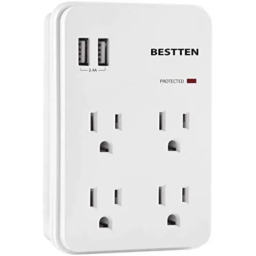 BESTTEN Wall Outlet Surge Protector with 2 USB Charging Ports (5V/2.4A) and 4 AC Outlets, 15A/125V/1875W, ETL Certified, White