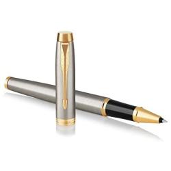 Parker IM Rollerball Pen, Brushed Metal and Gold with Fine Point Black Ink Refill (1975542)