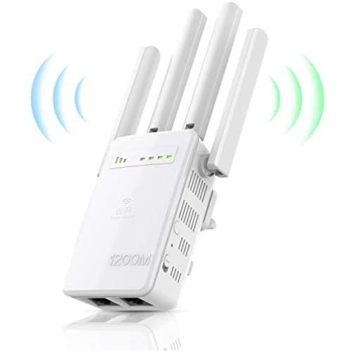 WiFi Range Extender 1200 Mbps,2.4 & 5GHz Dual Band Network，Signal Booster with WPS Button for WiFi Internet Connection , 2 LAN/Ethernet, Wireless Repeater Coverage to 3000sq.ft & 32 Devices