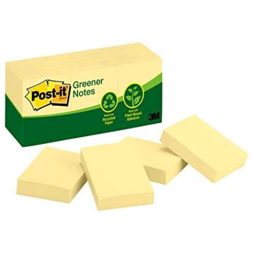 Post-it Greener Notes, 1.5x2 in, 12 Pads, Americas #1 Favorite Sticky Notes,Canary Yellow, Clean Removal, 100% Recycled Material (653 RP)