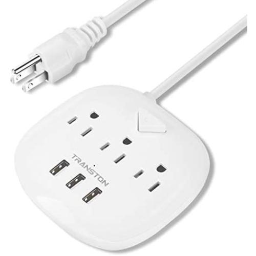 Power Strip 3 Outlets and 3 USB Ports with Switch Control, Desktop Charging Station with 5 ft Extension Cord, Compact for Nightstand, Office and Travel - White