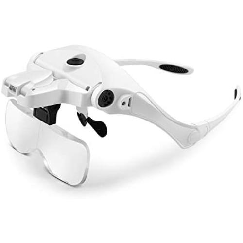 Flexzion Head Mount Magnifier w/Led Lights Lighting, Head Lamp 1X 1.5X 2X 2.5X 3.5X Magnifying Lens Glasses w/Headband Headset Loupe for Hands Free Close Up Work Jewelry Electronics Facial Reading
