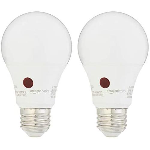 Amazon Basics 60 Watt Equivalent, Dusk to Dawn Sensor, Non-Dimmable, A19 LED Light Bulb - Soft White, 2-Pack