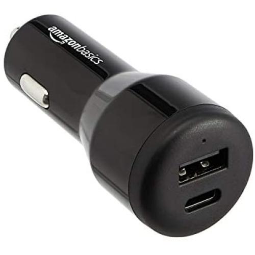 Amazon Basics USB-C Car Charger with 18W USB-C Port and 12W USB-A Port