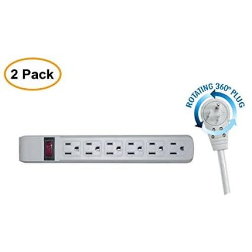 6 Outlet Surge Protector 15A 120V with Flat Rotating Plug 6ft Power cord 3 Prong 6 Outlet Power Strip with 6 Feet Power Cable and 360 Degree Rotating Plug, Gray CNE471551 (2 Pack)