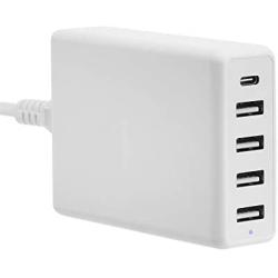 Amazon Basics 5-Port Wall Charger (60W) with 4 USB-A Ports and 1 USB-C Port with 30W Power Delivery - White