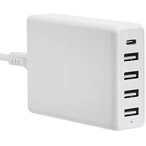 Amazon Basics 5-Port Wall Charger (60W) with 4 USB-A Ports and 1 USB-C Port with 30W Power Delivery - White Amazon Basics 5-Port Wall Charger (60W) with 4 USB-A Ports and 1 USB-C Port with 30W Power Delivery - White