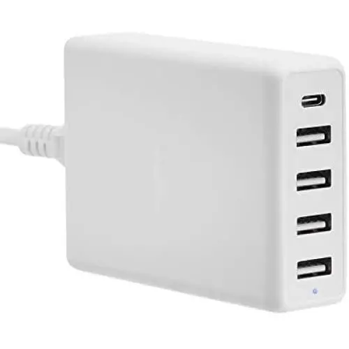 Amazon Basics 5-Port Wall Charger (60W) with 4 USB-A Ports and 1 USB-C Port with 30W Power Delivery - White