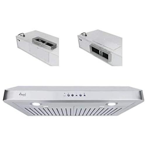 Awoco RH-R06 Rectangle Vent 6'' High Stainless Steel Under Cabinet 4 Speeds 900CFM Range Hood with LED Lights (36''W Rectangle Vent)