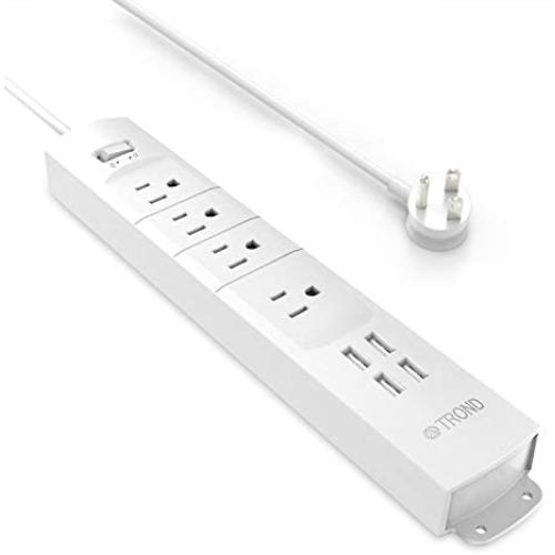 Power Strip Flat Plug, TROND Surge Protector with 4 Outlets & 4 USB Ports, 3ft Short Cord, Wall Mount, Compact and Slim for Home Office Desktop Nightstand Kitchen, White
