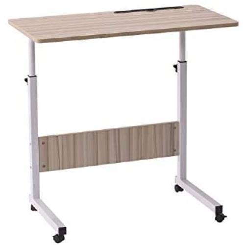 Natwind Mobile Side Table 31.5 Inches Rolling Overbed Laptop Desk with Tablet Slot & Wheels Height Adjustable Portable Workstation Laptop Computer Stand Cart for Bed Sofa White Maple