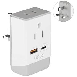 UK Ireland Power Plug Adapter Travel QC 3.0 & PD by Ceptics, Safe Dual USB & USB-C - 2 USA Socket Compact & Powerful - Use in London UAE Dubai Kenya British Hong Kong - Type G AP-7 - Fast Charging