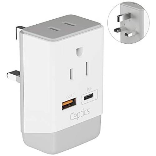 UK Ireland Power Plug Adapter Travel QC 3.0 & PD by Ceptics, Safe Dual USB & USB-C - 2 USA Socket Compact & Powerful - Use in London UAE Dubai Kenya British Hong Kong - Type G AP-7 - Fast Charging