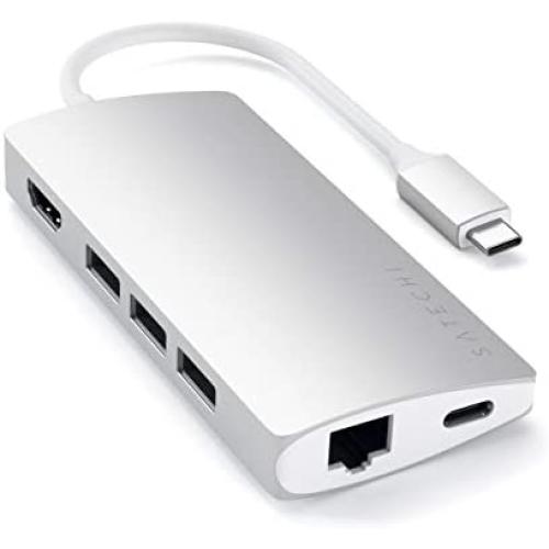 Satechi Aluminum Multi-Port Adapter V2-4K HDMI (60Hz), Gigabit Ethernet, USB-C Pass-Through, SD/Micro Card Readers, USB 3.0 - Compatible with 2020 MacBook Pro, 2020 MacBook Air (Silver)