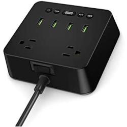 Electronic Alarm Clock Charger Power Strip Surge Protector, 4 USB Ports 2 Outlets 6FT Power Cord Charging Station for Bedside,Home,Hotel,Office (Adjustable Brightness, ON/Off Switch,DST Time)