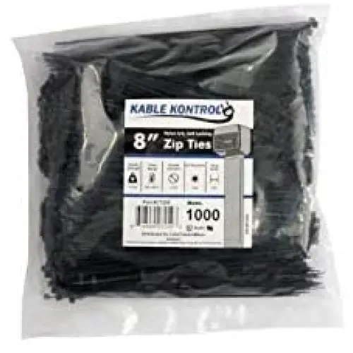 Kable Kontrol Black Zip Ties – 8” Inch Long – 18 Lbs Tensile Strength – 1000 Pcs/Pack - UV resistant Nylon | Multipurpose | Self-Locking Cable Management Wire Wraps