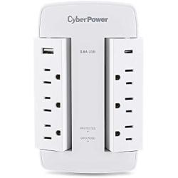 CyberPower CSP600WSURC5 Professional Surge Protector, 900J/125V, 6 Swivel Outlets, 1 USB-C Charge Port, 1 USB-A Charge Port, White Wall Tap, White Version