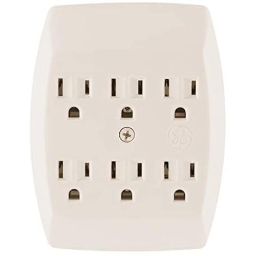 GE 6 Grounded Outlet Adapter Wall Tap, 3 Prong Outlets, Secure Install, UL Listed, Light Almond