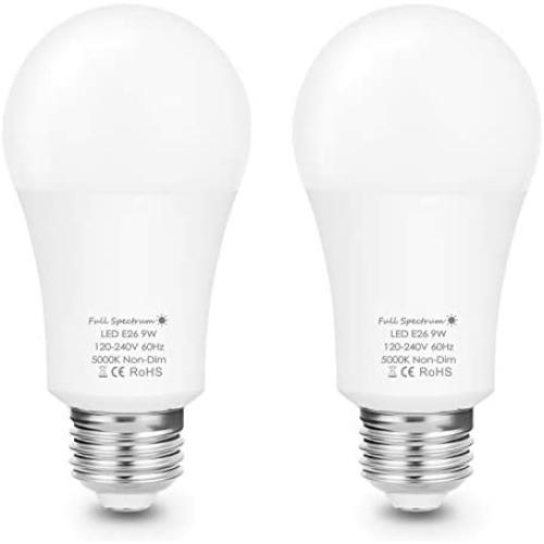 Emeritpro LED Full Spectrum Light Bulb, A19 LED Grow Light Bulb for Indoor Plants, 9W Grow Light, 80W Replacement, 5000K Daylight White, E26 Base, Sunlight for Greenhouse, Garden, Hydroponic, 2 Pack
