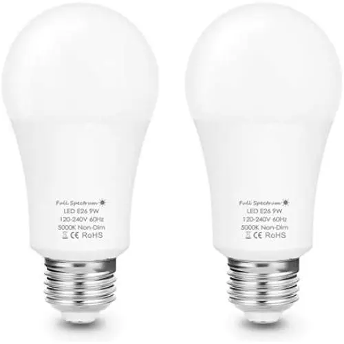 Emeritpro LED Full Spectrum Light Bulb, A19 LED Grow Light Bulb for Indoor Plants, 9W Grow Light, 80W Replacement, 5000K Daylight White, E26 Base, Sunlight for Greenhouse, Garden, Hydroponic, 2 Pack